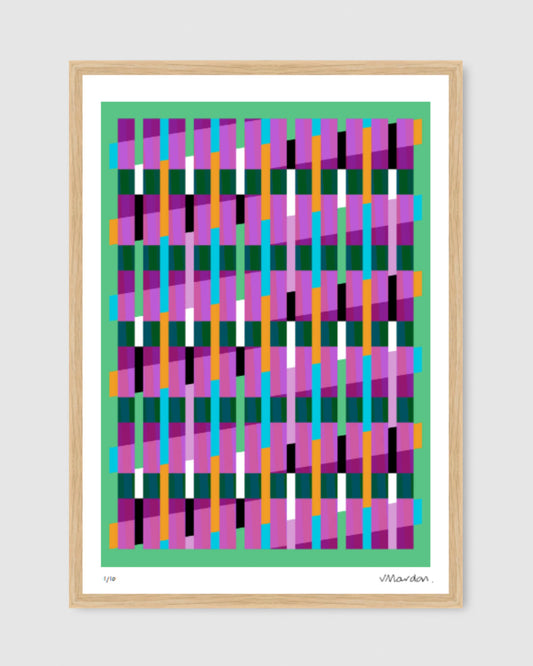 Green geometric abstract giclée print by Victoria Mardon in an oak frame displayed on a white wall