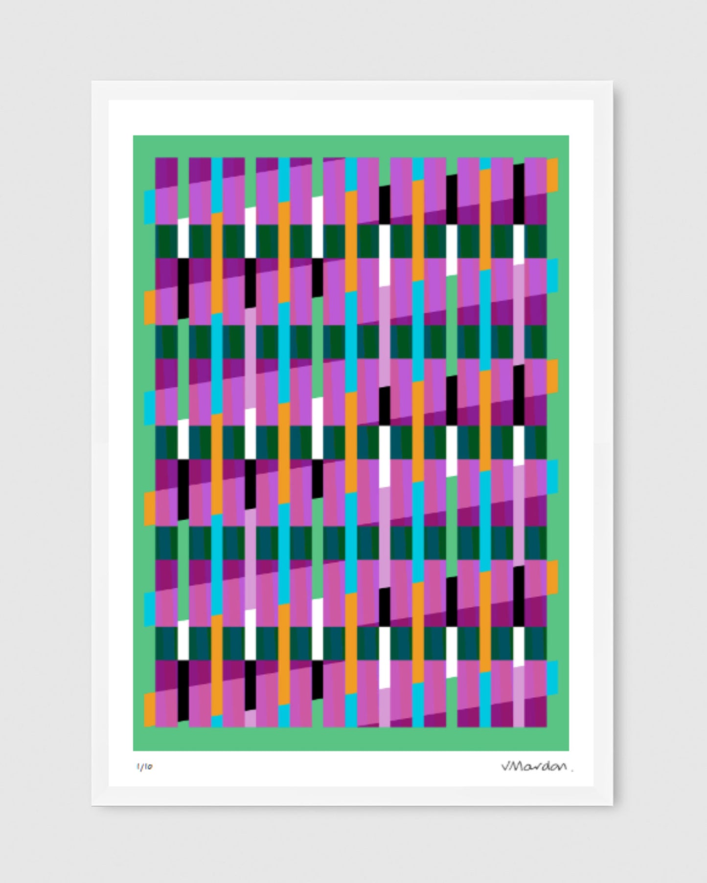 Green geometric abstract giclée print by Victoria Mardon in a white frame displayed a on a white wall