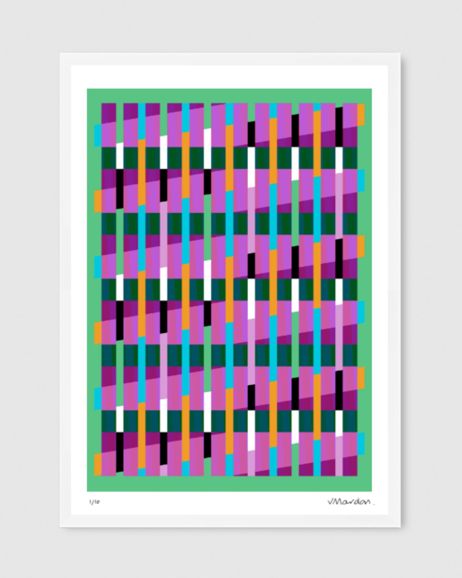 Green geometric abstract giclée print by Victoria Mardon in a white frame displayed a on a white wall