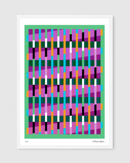 Green geometric abstract giclée print by Victoria Mardon in a white frame displayed a on a white wall