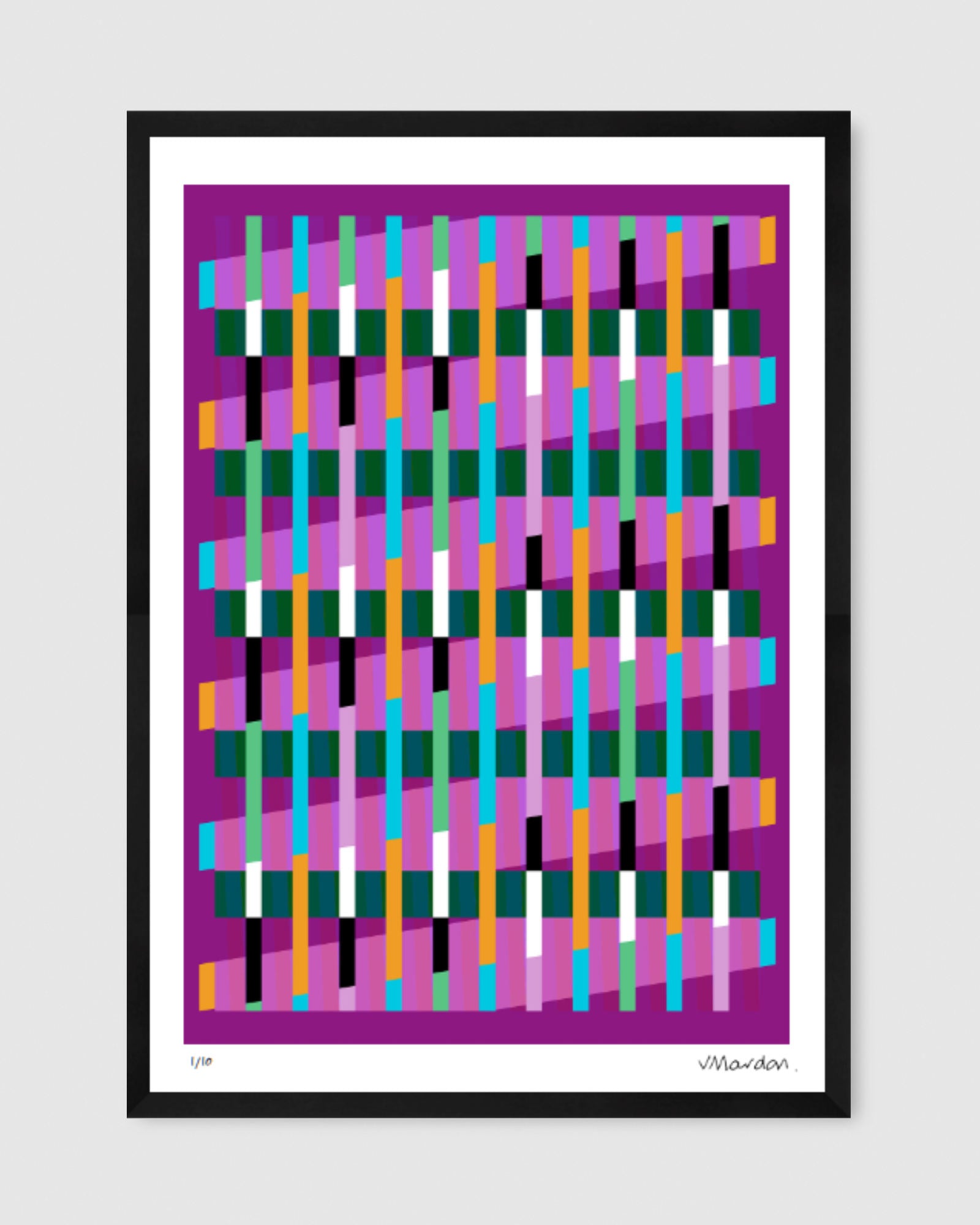 Magenta geometric abstract giclée print by Victoria Mardon in a black frame displayed on a white wall