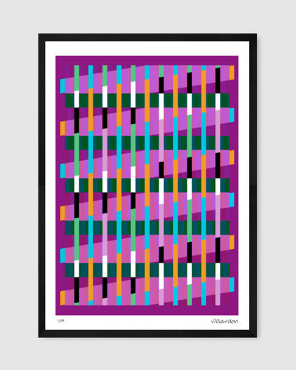 Magenta geometric abstract giclée print by Victoria Mardon in a black frame displayed on a white wall