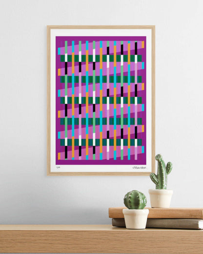 A3 oak-framed geometric abstract giclée print by Victoria Mardon displayed on a white wall above an oak shelf