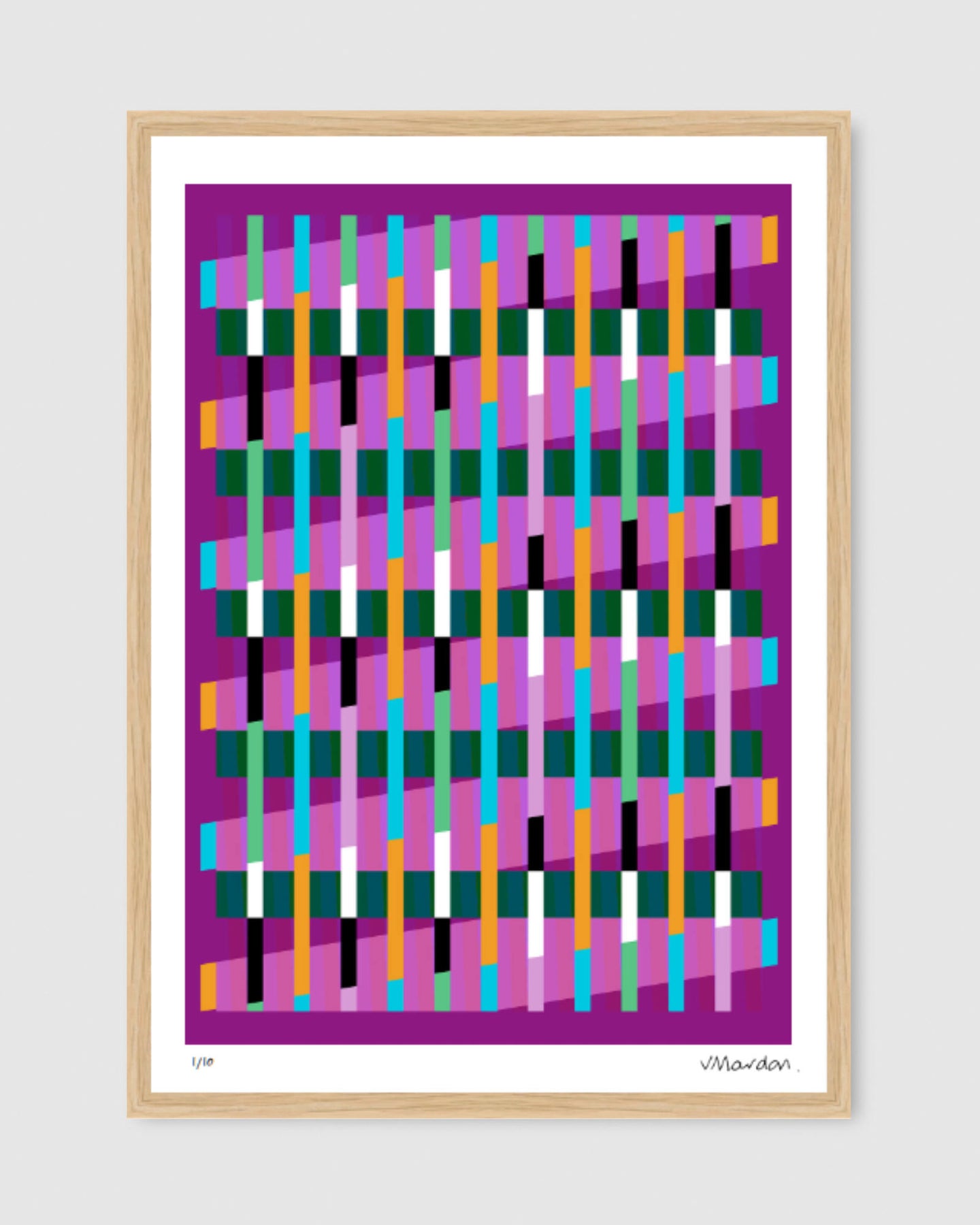 Magenta geometric abstract giclée print by Victoria Mardon in an oak frame displayed above on a white wall