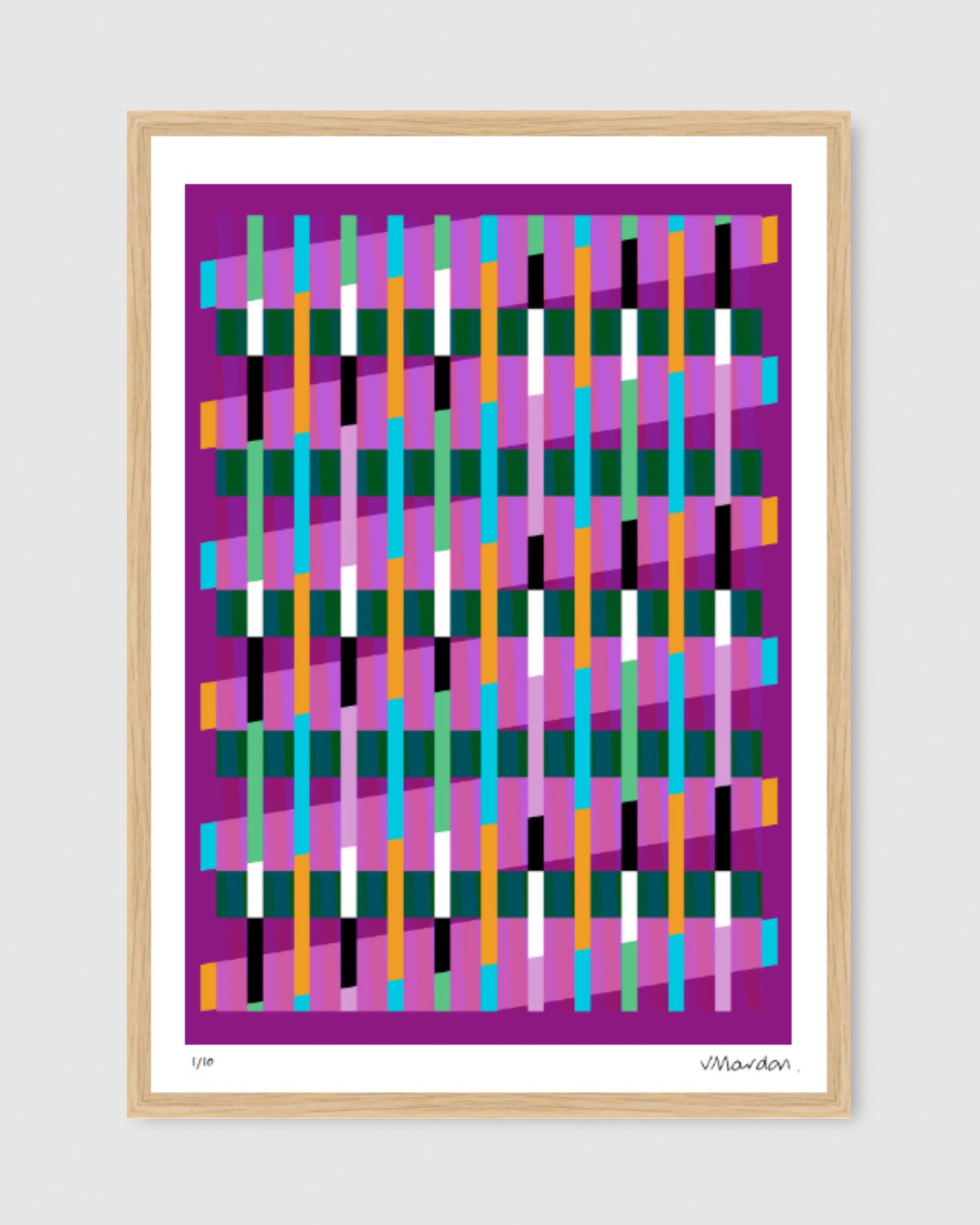 Magenta geometric abstract giclée print by Victoria Mardon in an oak frame displayed above on a white wall