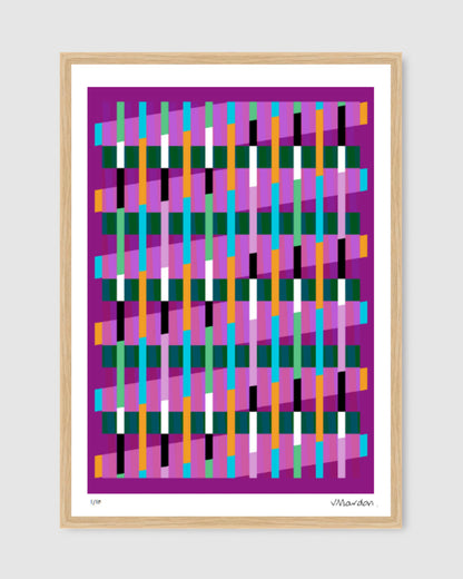 Magenta geometric abstract giclée print by Victoria Mardon in an oak frame displayed above on a white wall