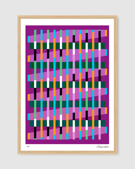 Magenta geometric abstract giclée print by Victoria Mardon in an oak frame displayed above on a white wall