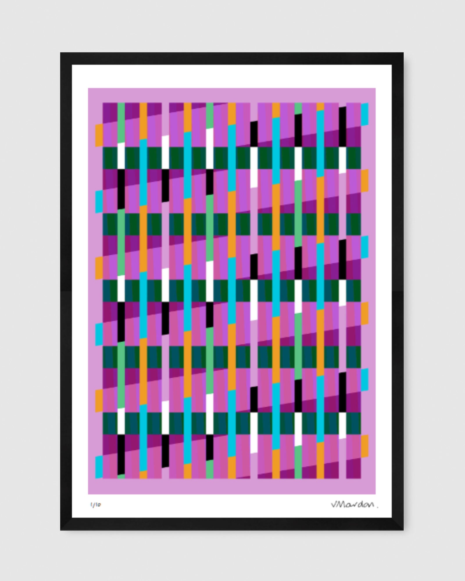 Pink geometric abstract giclée print by Victoria Mardon in a black frame displayed on a white wall