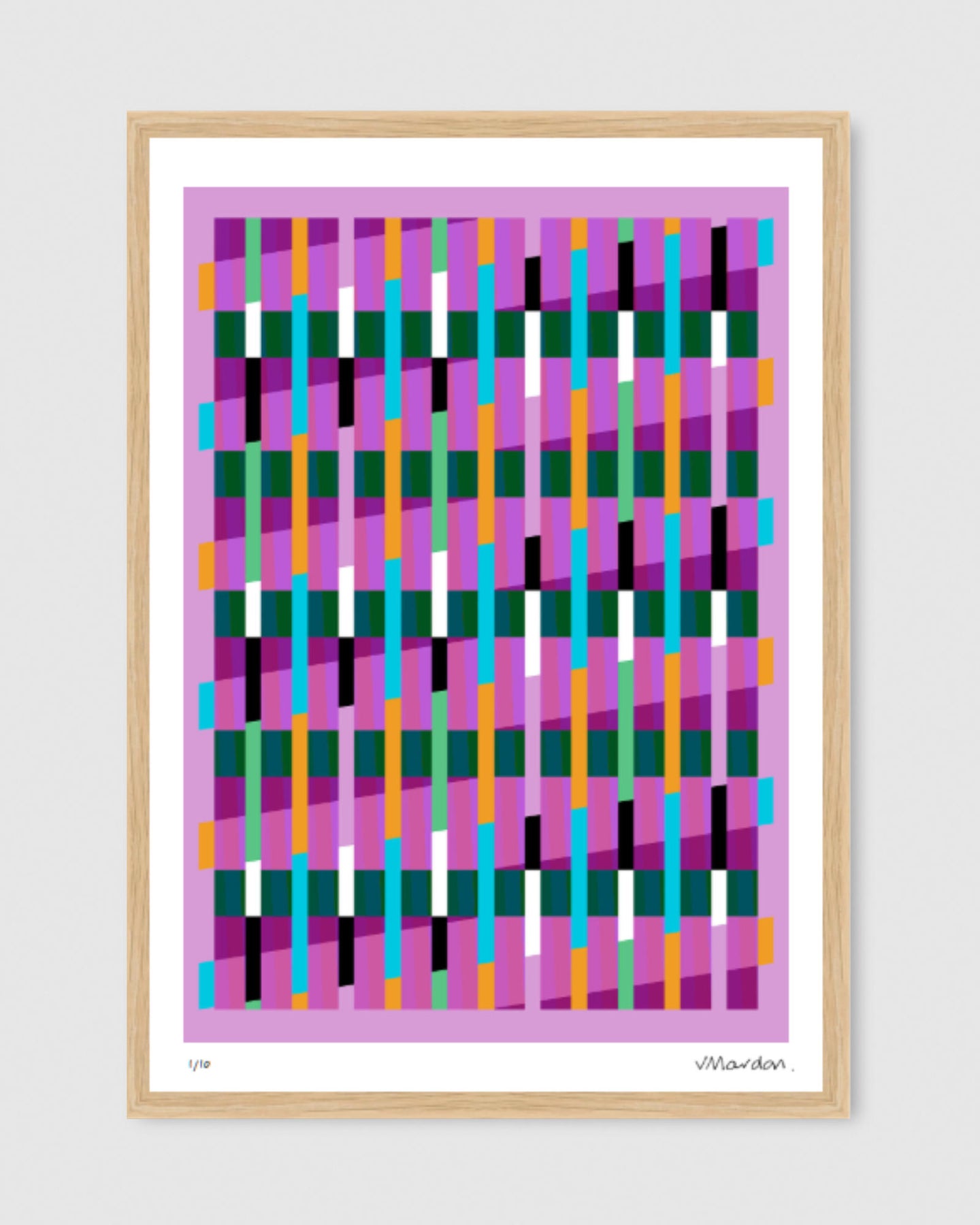 Pink geometric abstract giclée print by Victoria Mardon in an oak frame on a white wall