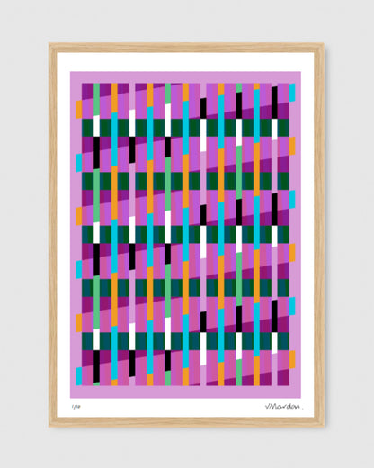 Pink geometric abstract giclée print by Victoria Mardon in an oak frame on a white wall