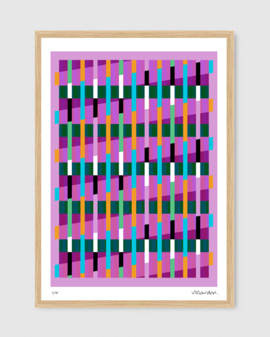 Pink geometric abstract giclée print by Victoria Mardon in an oak frame on a white wall