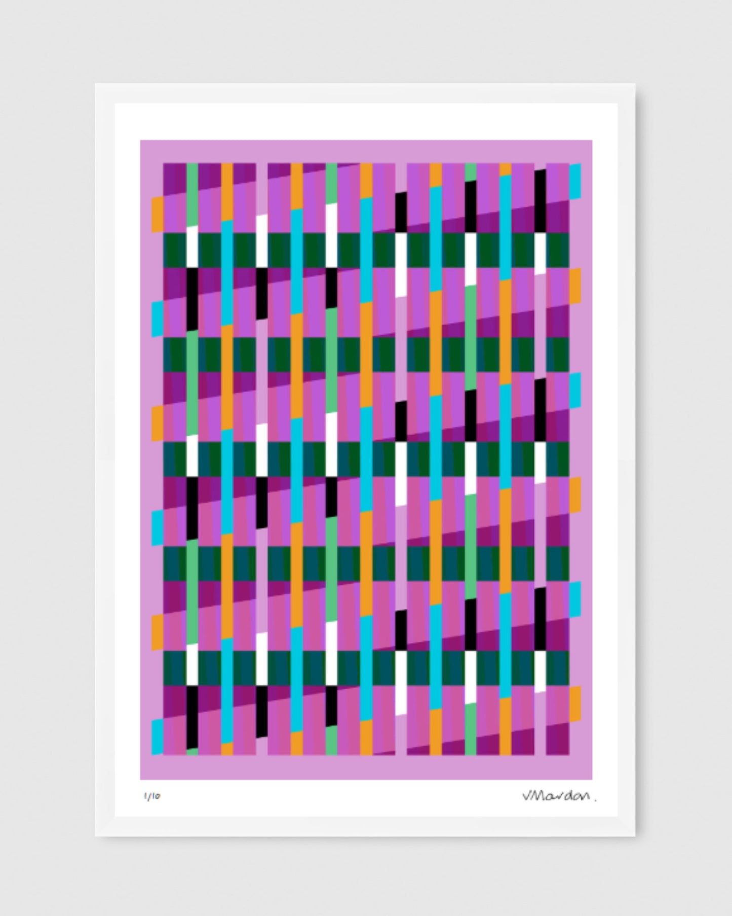 Pink geometric abstract giclée print by Victoria Mardon in a white frame displayed above on a white wall