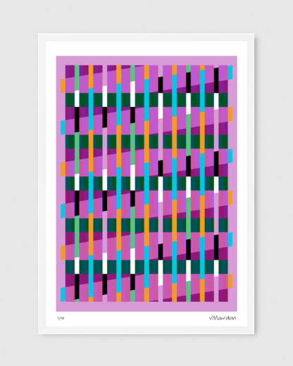 Pink geometric abstract giclée print by Victoria Mardon in a white frame displayed above on a white wall