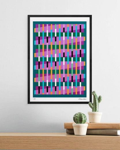 A3 black-framed geometric abstract giclée print by Victoria Mardon displayed on a white wall above an oak shelf