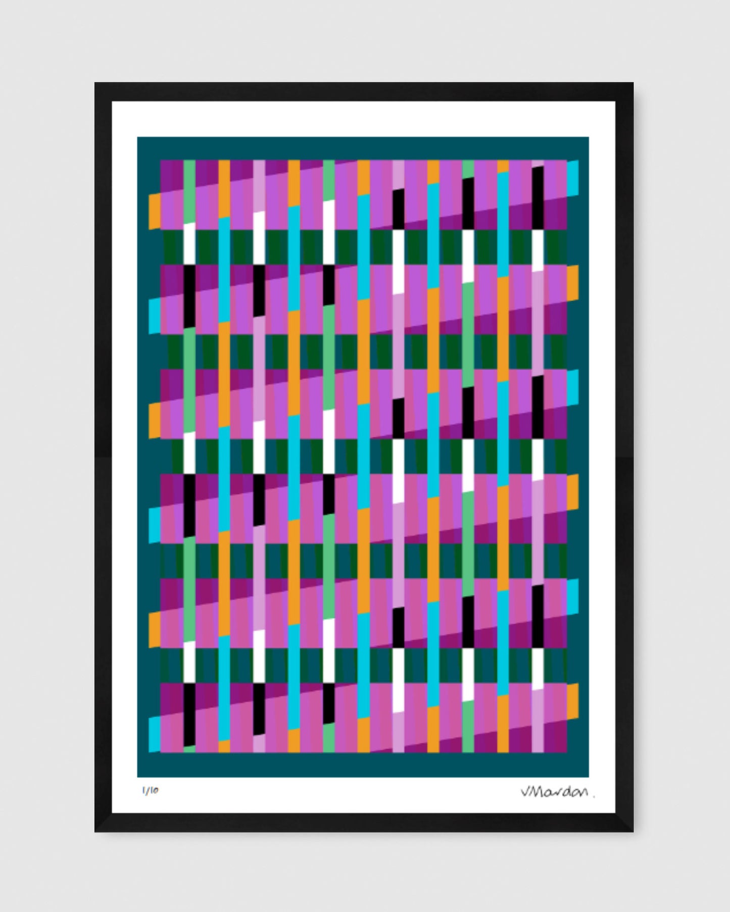 Turquoise geometric abstract giclée print by Victoria Mardon in a black frame displayed on a white wall