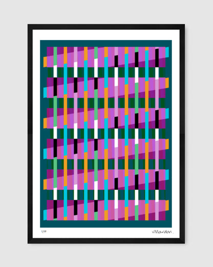 Turquoise geometric abstract giclée print by Victoria Mardon in a black frame displayed on a white wall