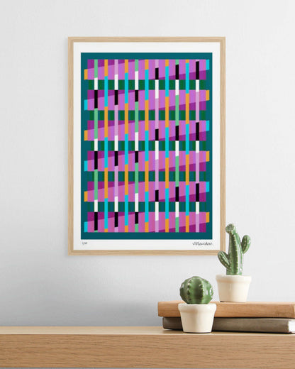 A3 oak-framed geometric abstract giclée print by Victoria Mardon displayed on a white wall above an oak shelf