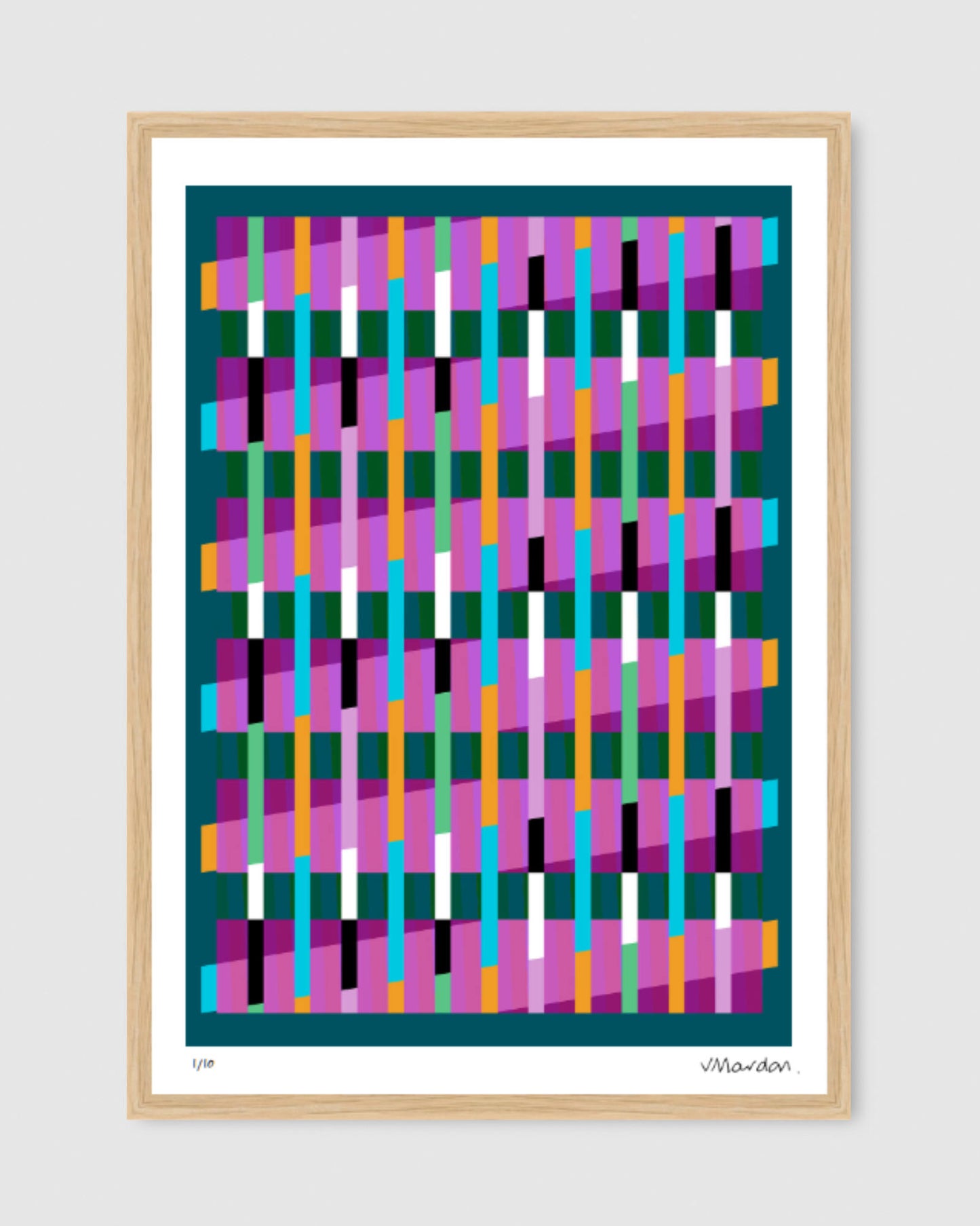 Turquoise geometric abstract giclée print by Victoria Mardon in an oak frame displayed on a white wall