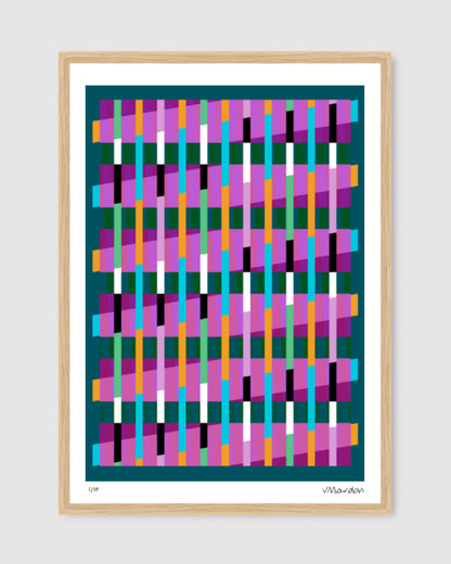 Turquoise geometric abstract giclée print by Victoria Mardon in an oak frame displayed on a white wall