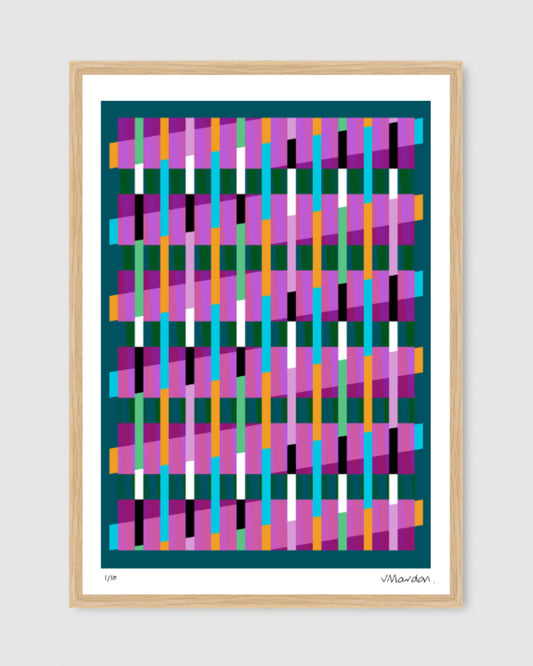 Turquoise geometric abstract giclée print by Victoria Mardon in an oak frame displayed on a white wall