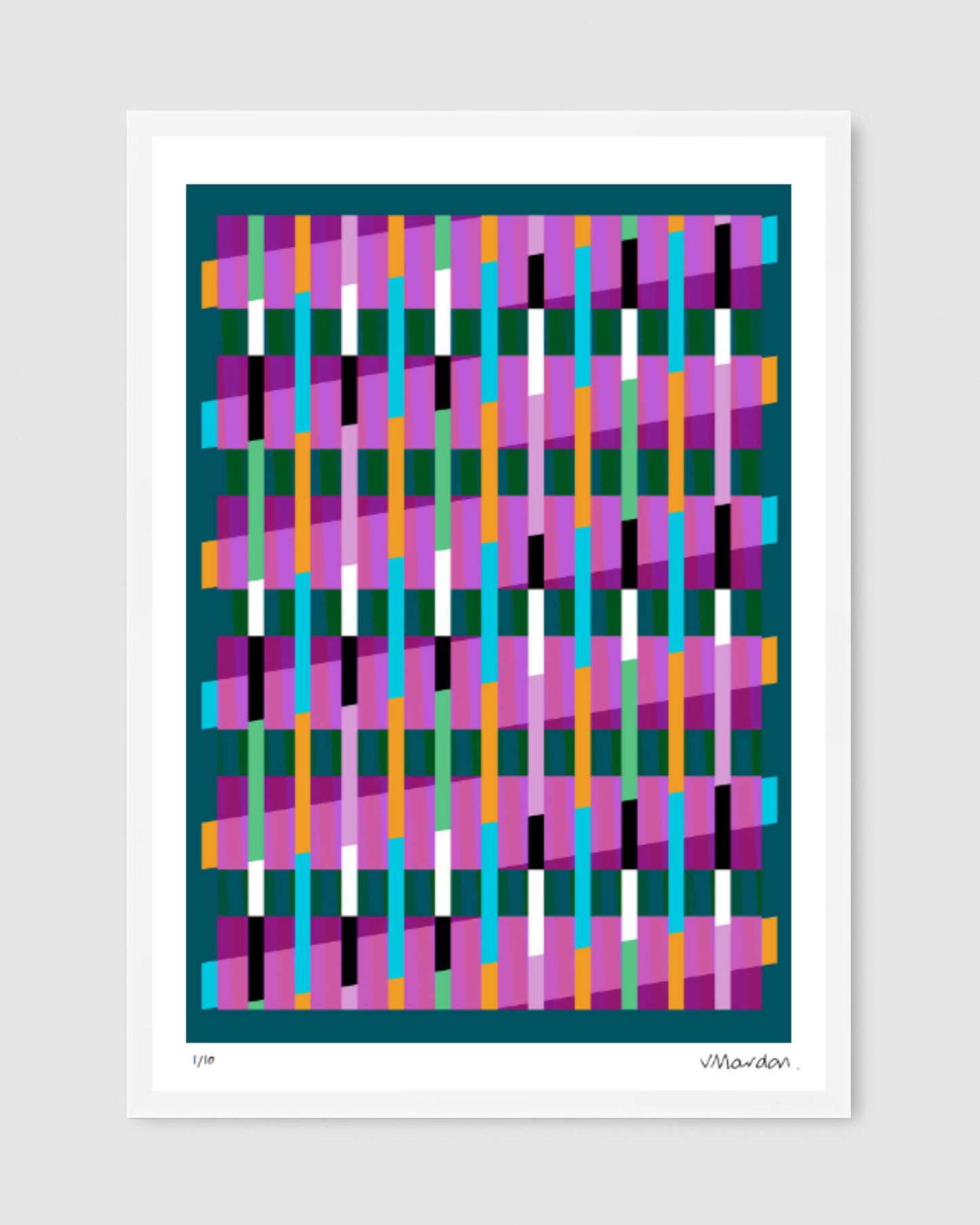 Turquoise geometric abstract giclée print by Victoria Mardon in a white frame displayed on a white wall