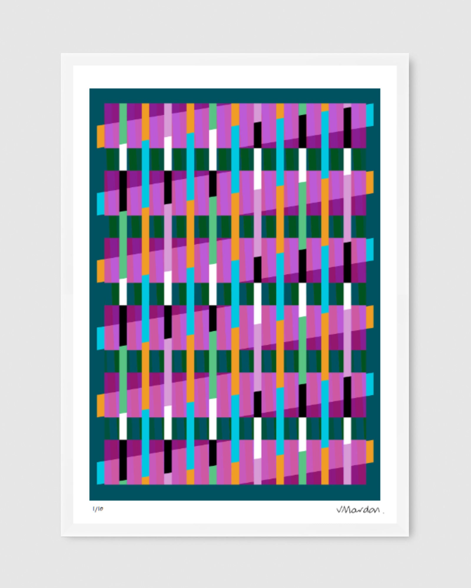 Turquoise geometric abstract giclée print by Victoria Mardon in a white frame displayed on a white wall