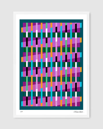 Turquoise geometric abstract giclée print by Victoria Mardon in a white frame displayed on a white wall