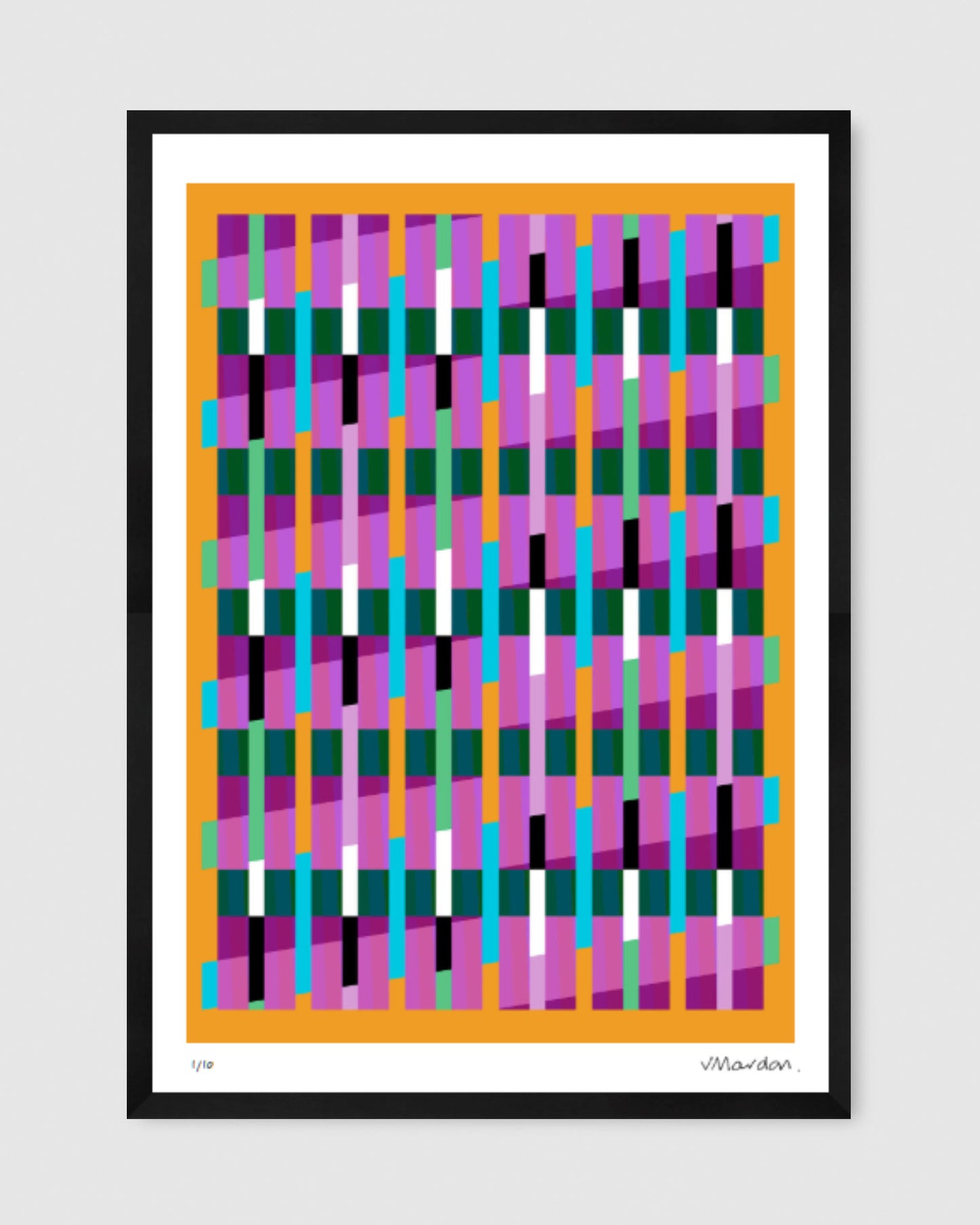 Yellow geometric abstract giclée print by Victoria Mardon in a black frame displayed above on a white wall