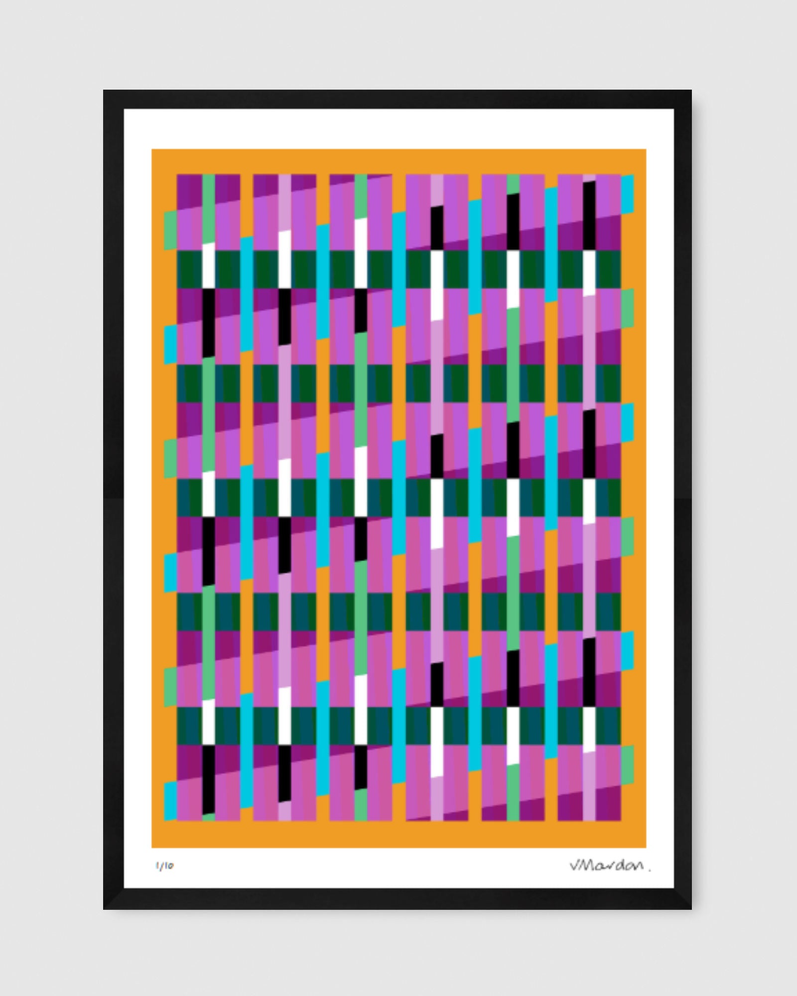 Yellow geometric abstract giclée print by Victoria Mardon in a black frame displayed above on a white wall