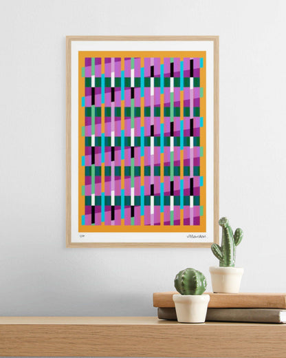 A3 oak-framed geometric abstract giclée print by Victoria Mardon displayed on a white wall above an oak shelf
