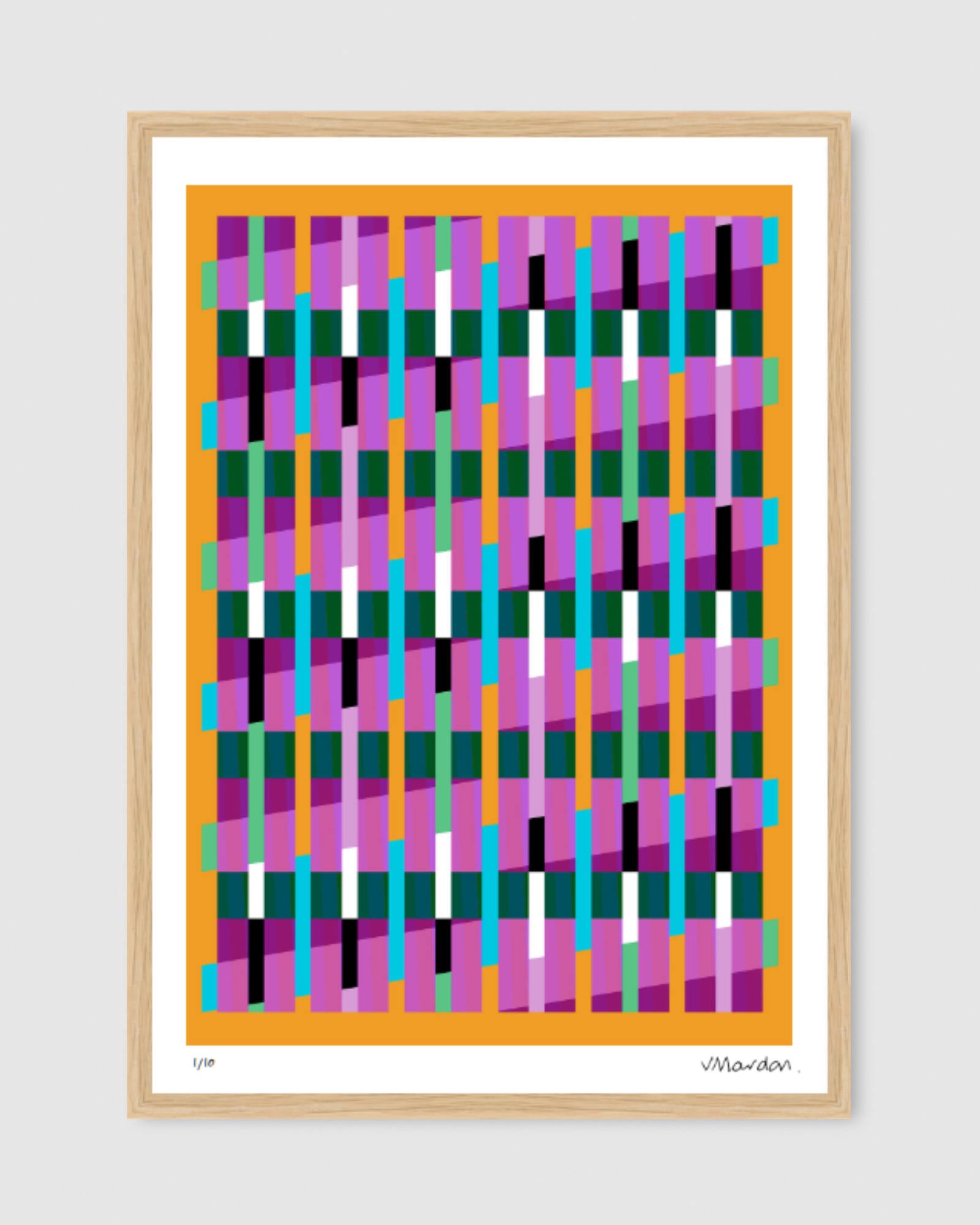 Yellow geometric abstract giclée print by Victoria Mardon in an oak frame displayed on a white wall