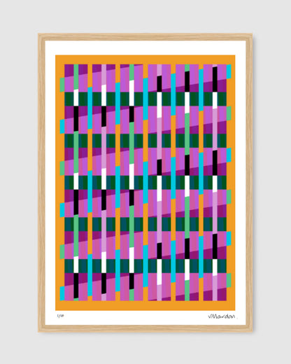 Yellow geometric abstract giclée print by Victoria Mardon in an oak frame displayed on a white wall