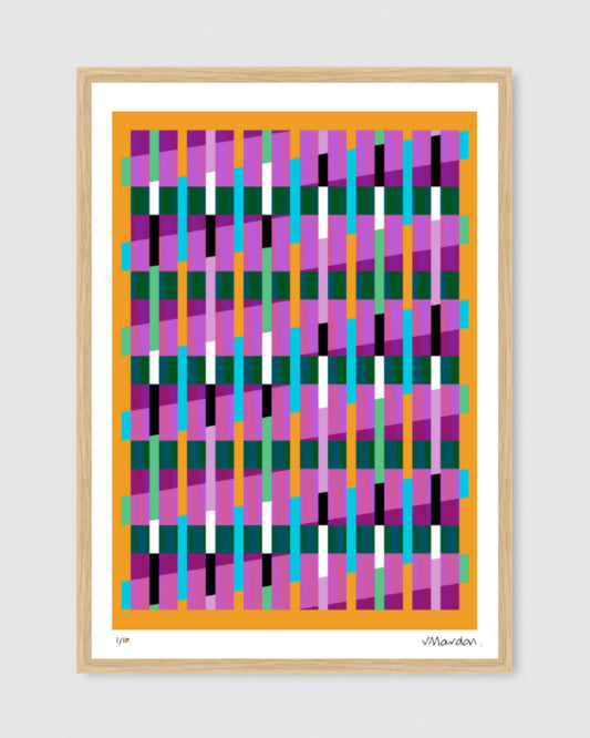 Yellow geometric abstract giclée print by Victoria Mardon in an oak frame displayed on a white wall